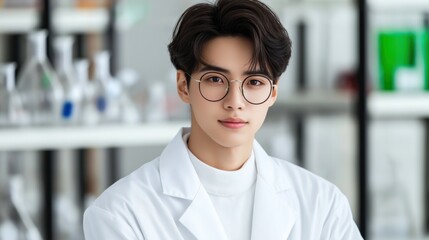 Fototapeta premium young man stands confidently in a modern laboratory filled with glassware and scientific equipment, dressed in a white lab coat and round glasses, deeply engaged in scientific exploration