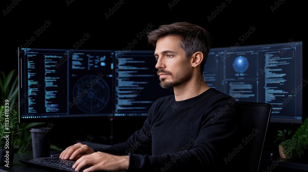 Poster young man is focused on coding at his workstation, surrounded by multiple monitors displaying comple