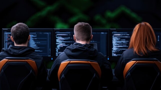 Three programmers are deeply engaged in coding at their desks. environment is dimly lit, and multiple screens show complex lines of code in a high-tech setting
