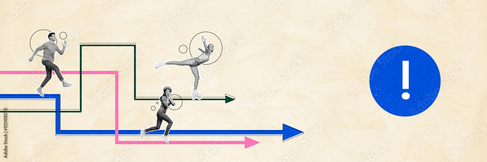 Poster composite panoramic art 3d creative image collage of three girls guy run arrow pointer business part