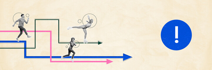 Composite panoramic art 3d creative image collage of three girls guy run arrow pointer business...