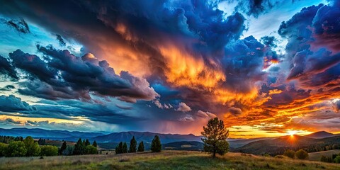 Obraz premium Breathtaking Sunset Amidst Stormy Skies: Dramatic Colors and Dynamic Atmosphere for Nature Photography