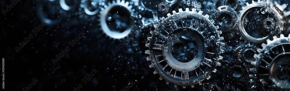 Poster Modern design featuring stylized digital gears in a dark ambient setting with flowing water elements