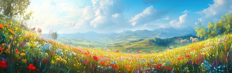 Fototapeta premium Magical meadow with wildflowers and grazing horses under a bright sky in a serene landscape