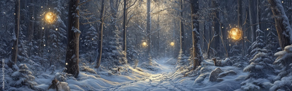 Aufkleber Magical forest path winding through tall trees illuminated by glowing orbs at twilight