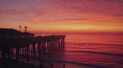 Obraz premium Long pier extends over calm Pacific waters at sunset with silhouettes of surfers and colorful sky