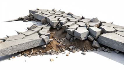 Ground rupture and concrete fragments on white background.AI GENERATED