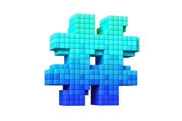Fototapeta premium Pixel art style Hashtag symbol made of 3D cubes in gradient, to green color scheme. High definition 3D rendering old school arcade concept font.