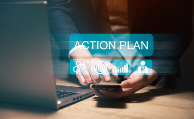 Action plan concept. Person touching virtual screen