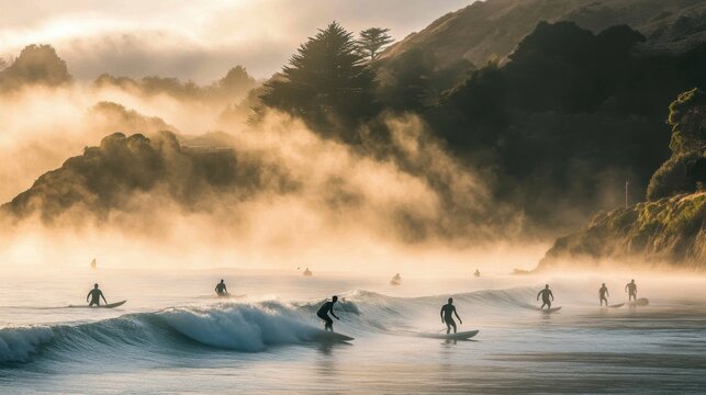 Surfers riding the waves at dawn on a misty beach