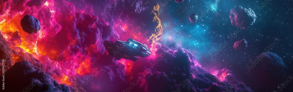 Aufkleber futuristic interstellar journey through vibrant cosmic clouds and asteroids