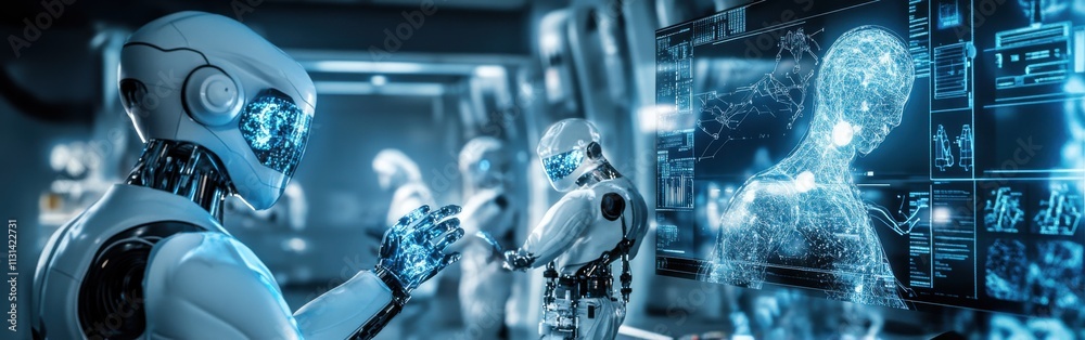 Poster Futuristic laboratory showcasing advanced robotics and artificial intelligence technology in a collaborative environment