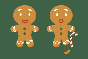 A set of gingerbread men. Funny and smiling, another man with a broken leg leaning on a lollipop cane. An illustration of a Christmas cookie.