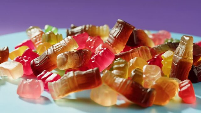 Jelly marmalade cola bottle bear close up, Confiture Bean candy jujube Marmalade bears with cod cannabis close up. 