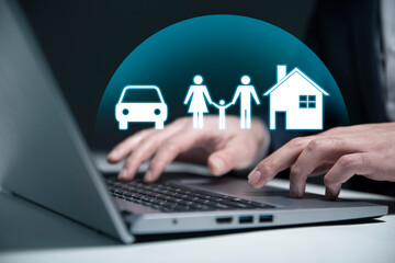 Insurance concept. Businessman with car, family