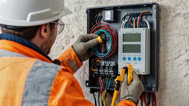 Electrician installing smart meter for efficient energy automation, highlighting advanced power monitoring technology and sustainable solutions for modern energy management systems.