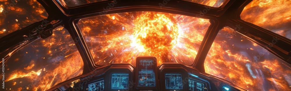 Poster Exploring a vibrant supernova from the cockpit of a futuristic spacecraft during a cosmic event