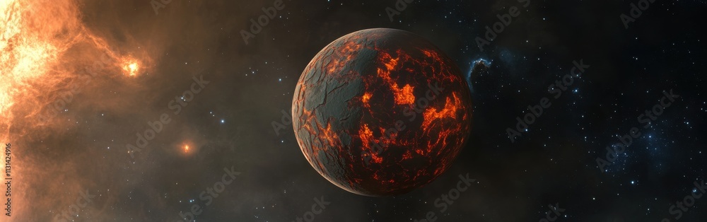 Poster dramatic visualization of a volcanic exoplanet illuminated by distant stars and engulfed in cosmic g