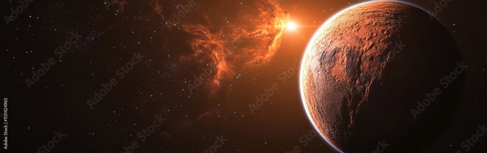 Poster dramatic view of an exoplanet illuminated by a distant star amidst cosmic clouds in a vast universe