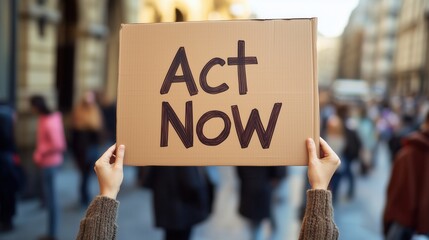 Hands hold act now sign in urban street protest, advocacy for social change