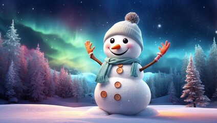 Obraz premium A photo of a snowman in the winter with a nightmode Christmas celebrations background 