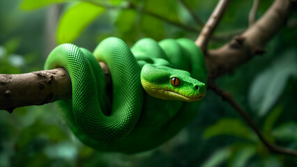 Fototapeta premium Capturing the Intensity of an Emerald Tree Boa in the Heart of the Jungle