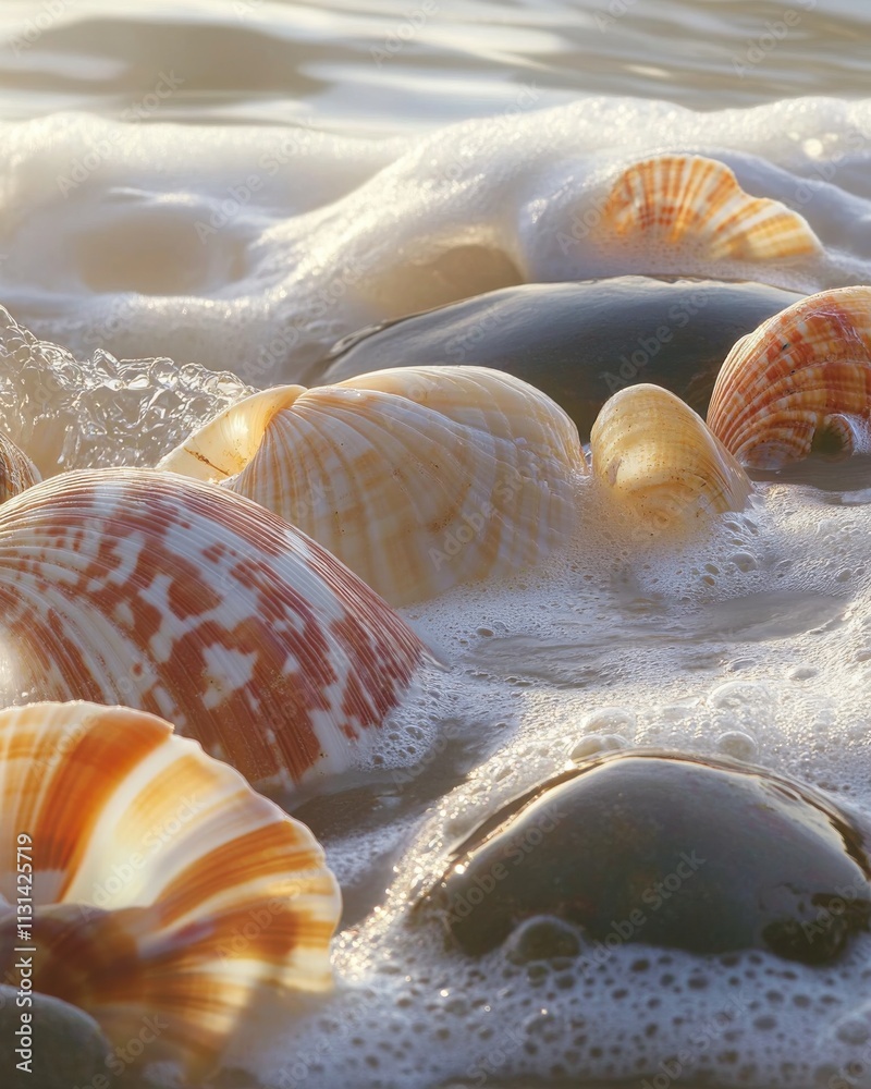 Poster Close-up view of colorful seashells and smooth stones surrounded by gentle ocean waves on a sunny beach