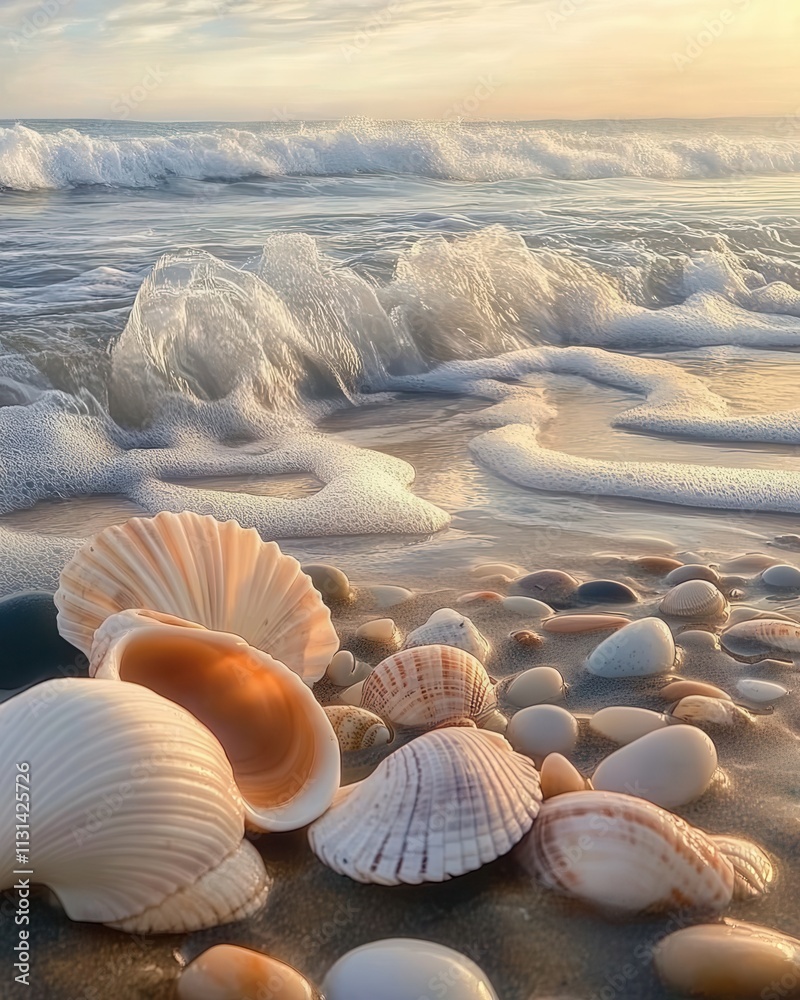 Poster close-up view of seashells and smooth stones on the shore at sunset with gentle waves
