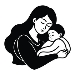 Fototapeta premium Baby Sleeping on Mother's Lap Silhouette Vector Art Illustration – Black Color, White Background