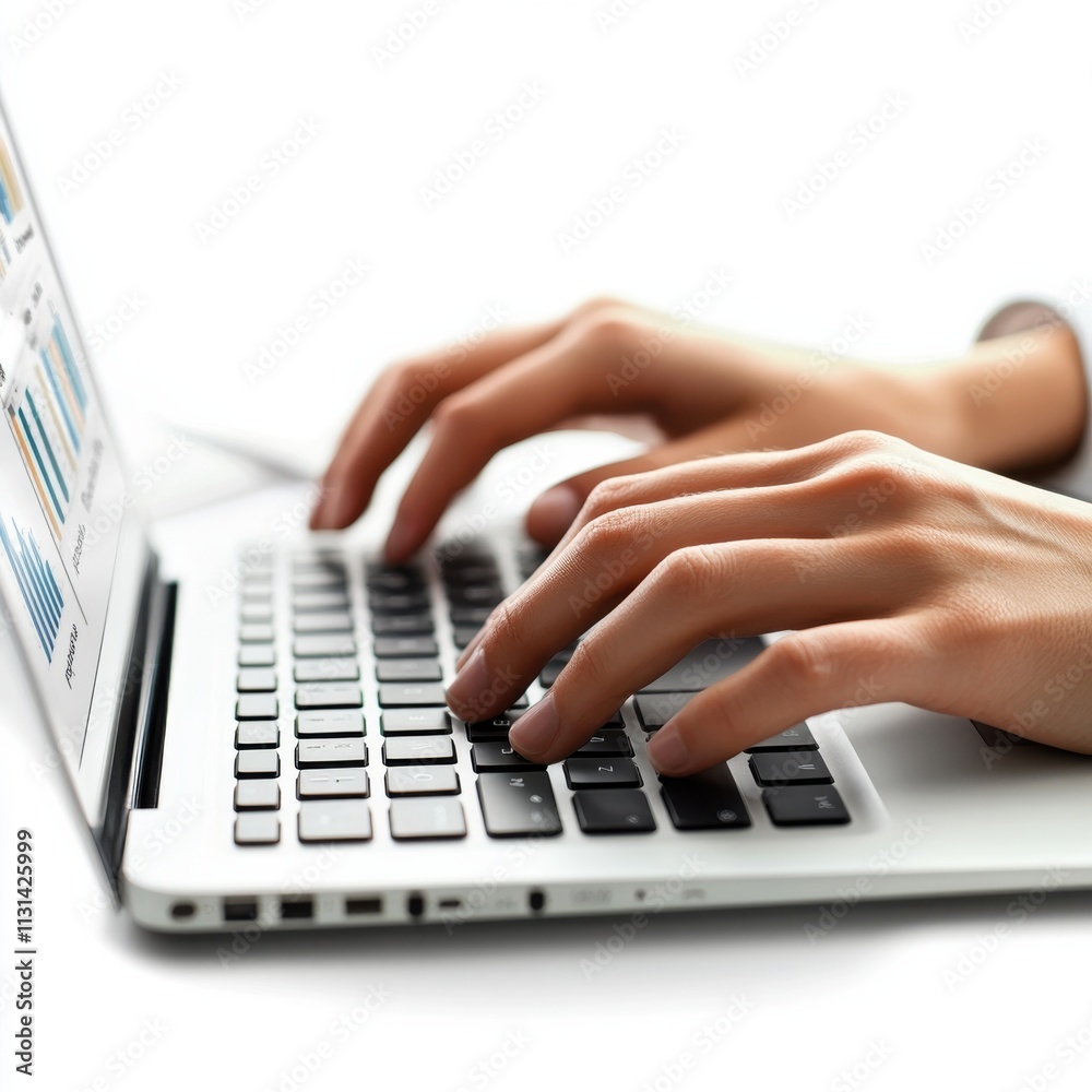 Aufkleber close-up of an intelligence analyst's hands working diligently on a laptop in a modern office settin