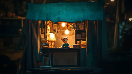 tiny puppet shop illuminated by warm glowing lights