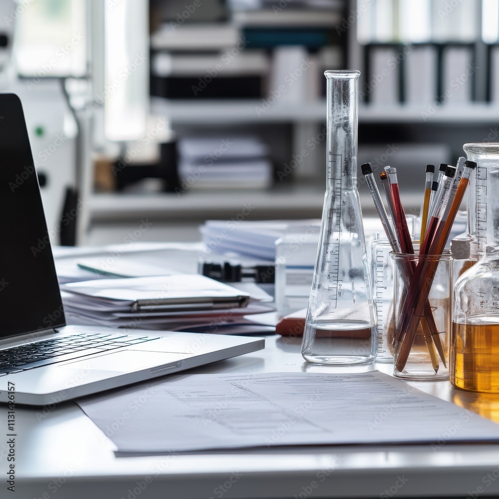 Poster close-up view of an environmental scientist's workspace featuring lab equipment and research materia