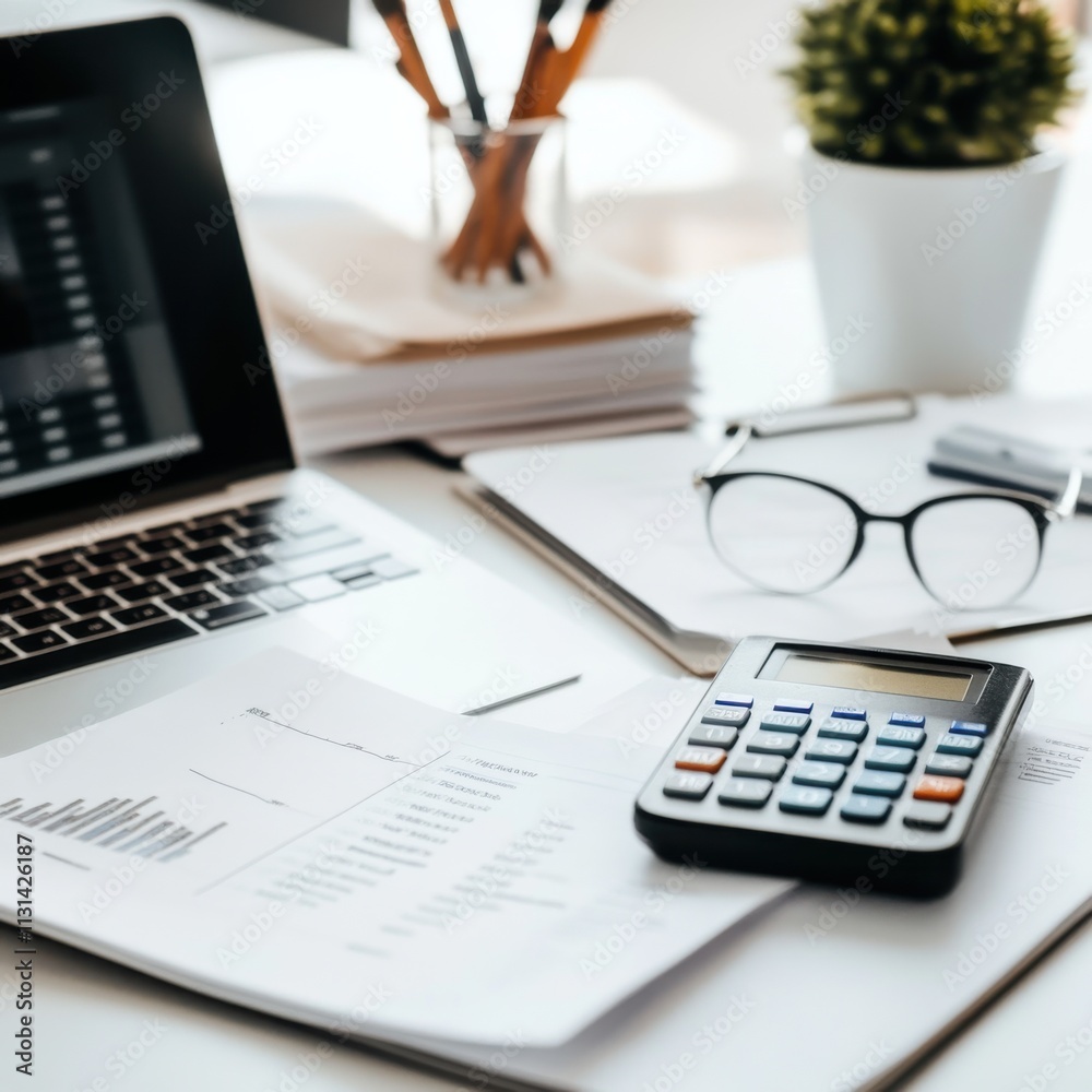 Poster close-up view of an economist's desk featuring research materials and analysis tools in a modern wor