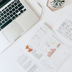 Workspace of a policy analyst with reports and laptop in a modern setting