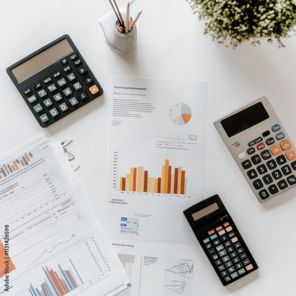 Poster budget analysts workspace displaying financial reports, calculators, and graphs during daytime analy