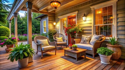 Fototapeta premium Charming Side Porch Photos: Rustic Porch Decor, Cozy Outdoor Seating, Relaxing Patio Ideas