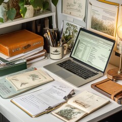 Obraz premium Wildlife biologist's desk filled with research materials and technology in an organized workspace environment
