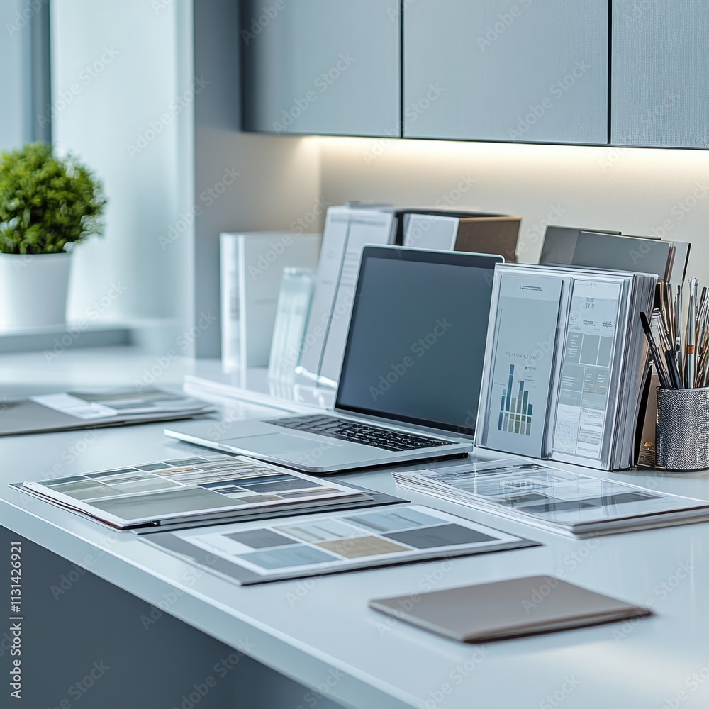 Aufkleber close-up view of a neatly organized sales associate workstation with modern tools in a bright room