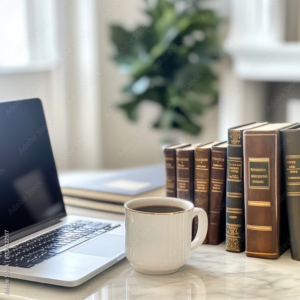 Poster Close-up view of a counselor's desk with a laptop and books during a busy workday