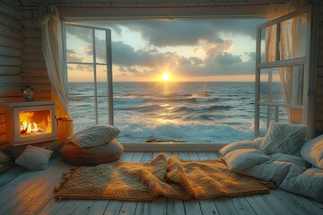 Fototapeta premium Cozy cabin with fireplace & ocean view.