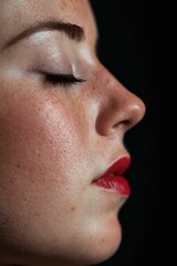 Side profile of a young woman with freckles and red lipstick