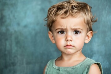 Naklejka premium Cute toddler with a serious expression wearing a green tank top against a textured blue background, highlighting innocence, curiosity, and childhood emotions
