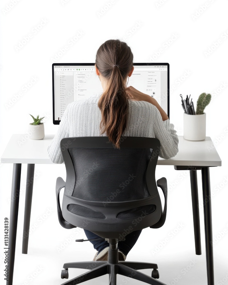 Aufkleber Sales associate working at a desk focused on tasks with a computer and plants in a modern office setting
