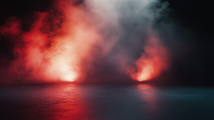 Fototapeta premium immerse yourself in an ethereal world: empty dark stage transformed with mist, fog, and red smoke, perfect for showcasing artistic works and products. generative ai