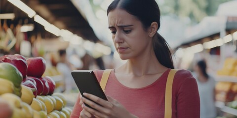 Young woman using a tablet while buying groceries at the market, checking prices and offers