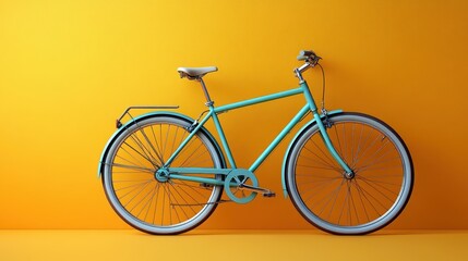 Fototapeta premium Minimalist blue bicycle against vibrant yellow backdrop in studio setting