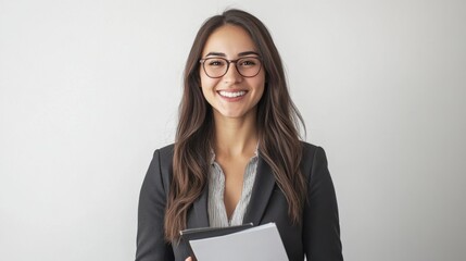 Human resources specialist smiling while holding a file in a professional office setting