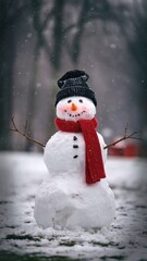 Fototapeta premium Classic snowman with carrot nose and red scarf in snowy outdoor setting