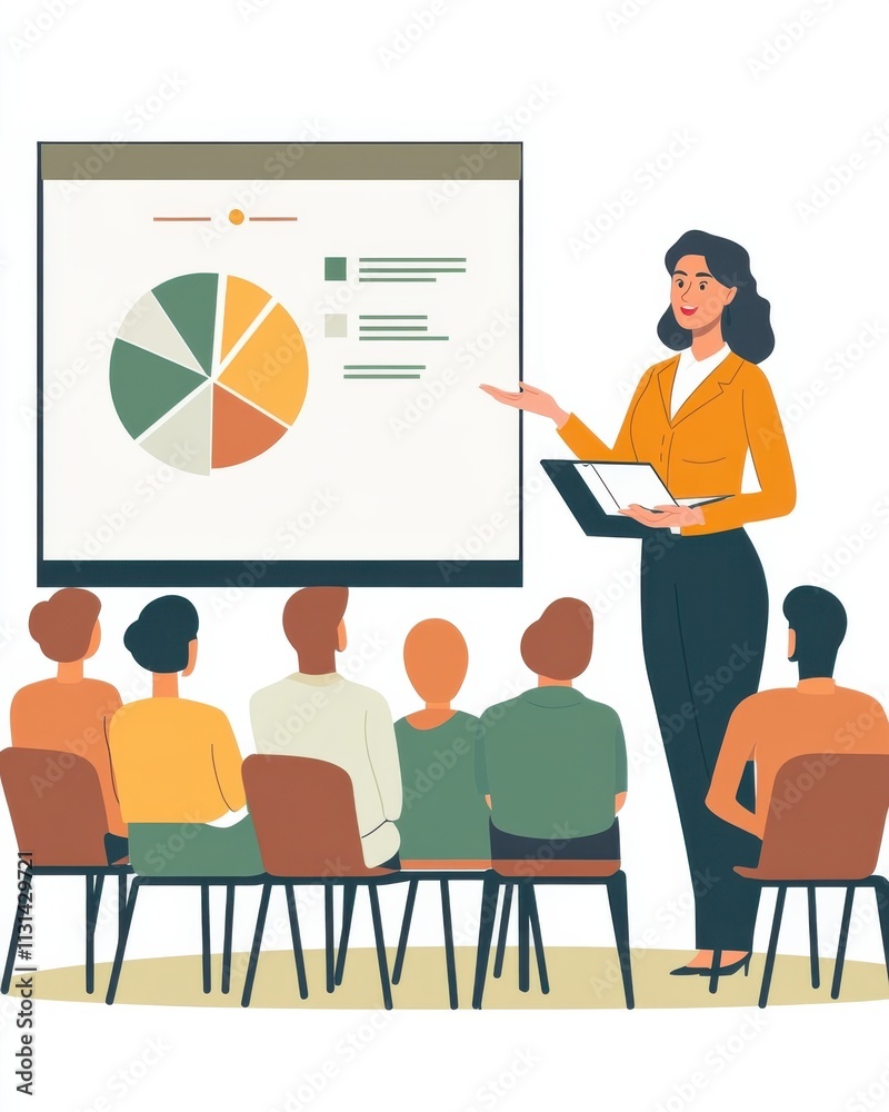 Poster Financial examiner presents insights on market trends and data analysis to attentive audience in a corporate setting