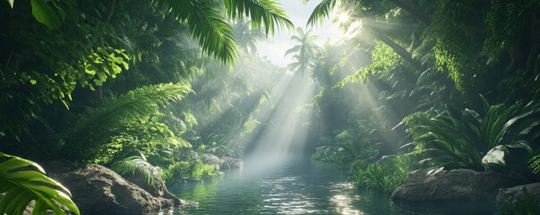 Sunlit Jungle Stream Lush Foliage, Tranquil Water, Digital Painting